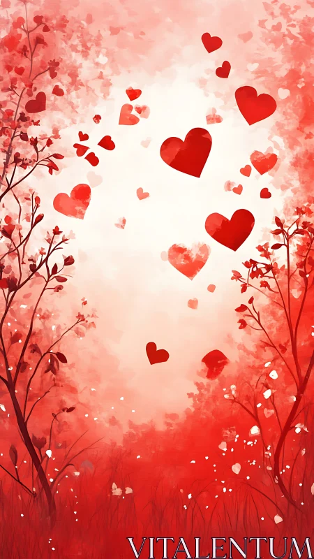 Red cardiac silhouettes suspended among gradient floral field composition