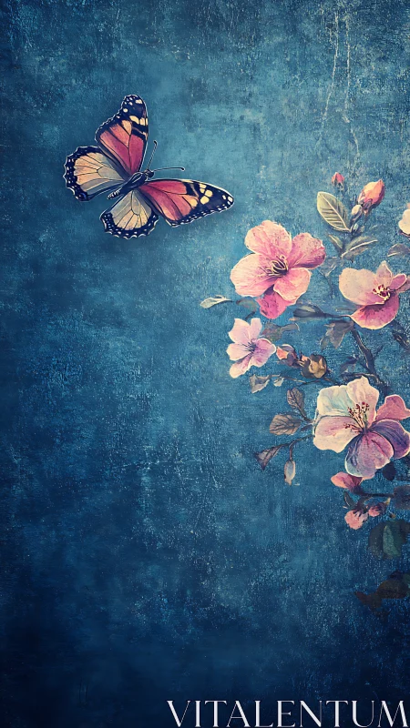Butterfly in teal dusk above painterly cherry blossoms.
