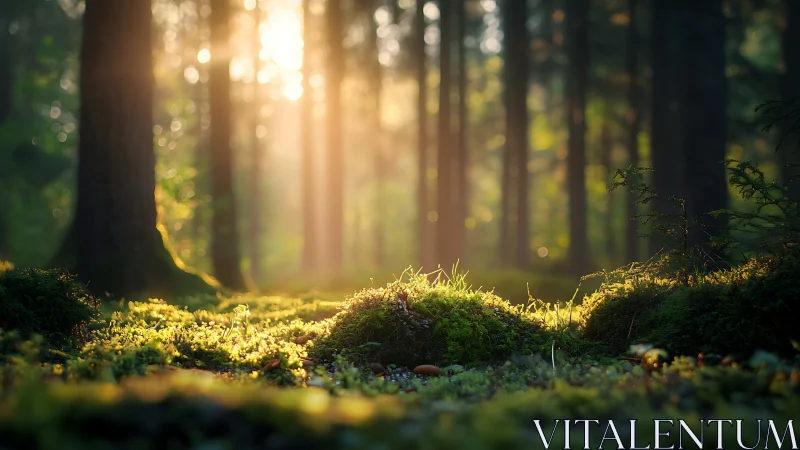 Sunlit Forest Floor with Moss and Trees in Soft Focus Style.