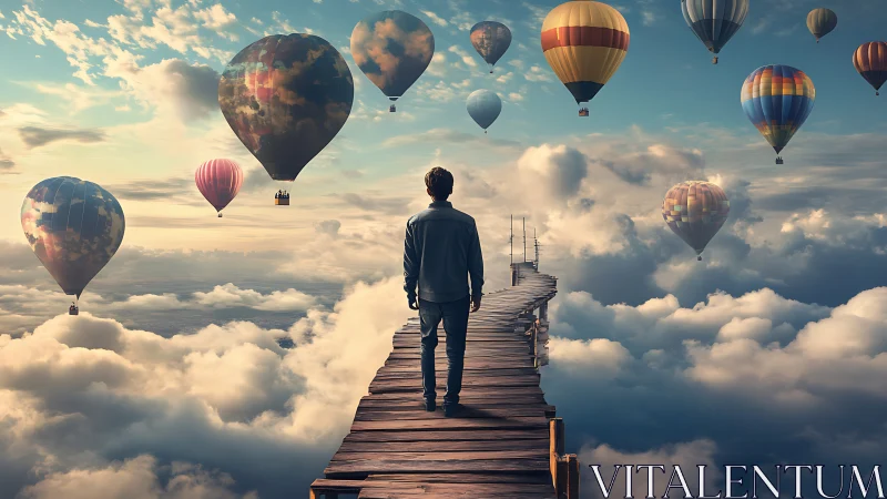 Surreal digital painting of man on sky bridge with balloons.