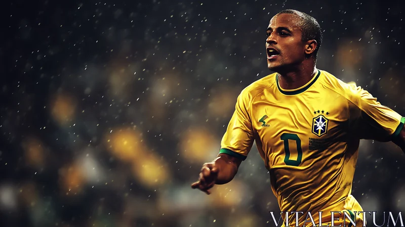 Brazil football player in yellow kit running in rain.