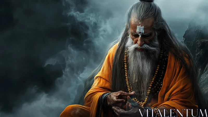 Quiet mountain mystic rests in orange robes and deep thought