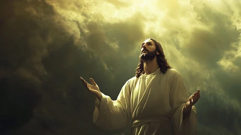 Radiant figure in prayer beneath softly glowing skies.