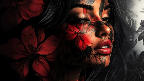 Crimson blossoms drift across her midnight-tinted stare tonight