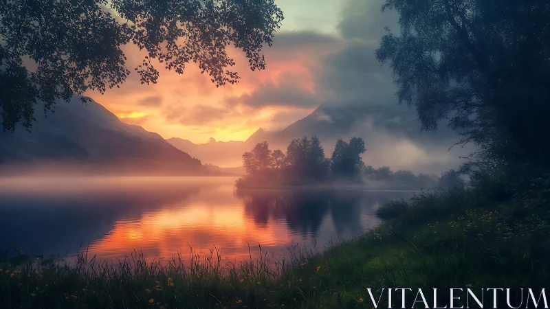 Lake surface reflects misty mountains under diffuse sunset light