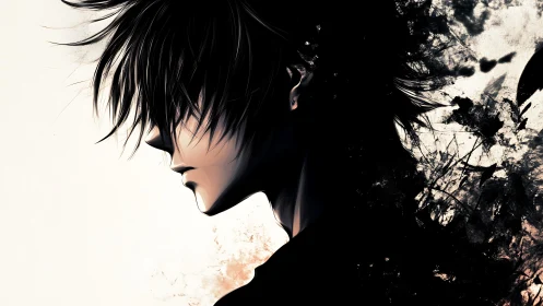 Solitary anime profile merging into dark abstract void.