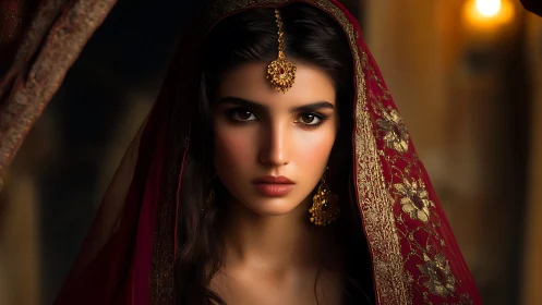 Portrait captures bridal gaze under ornate red embroidered veil