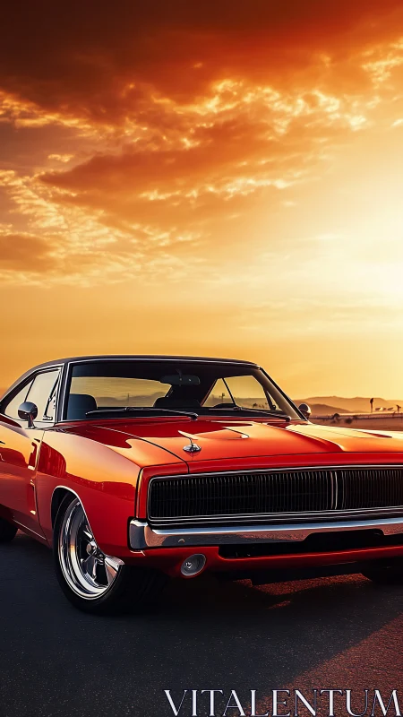 Sunset cruise with a gleaming classic muscle car.
