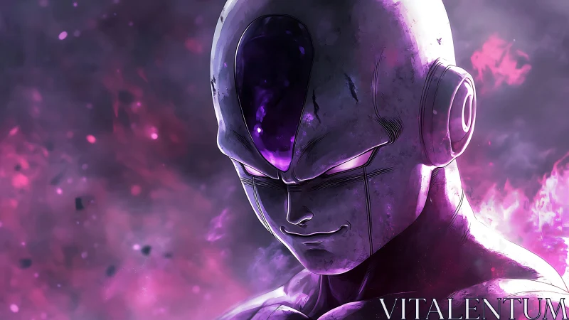 Armored alien villain glows with ominous violet energy aura