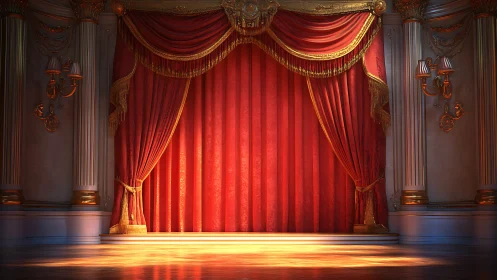Velvet proscenium curtain glows under warm stage lights.