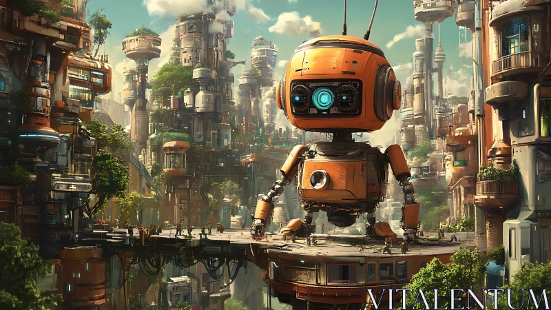 Friendly orange robot greets a bustling green sci fi city
