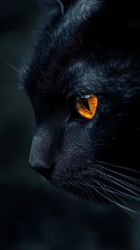 Black Feline Portrait with Golden Iris and Lateral Lighting