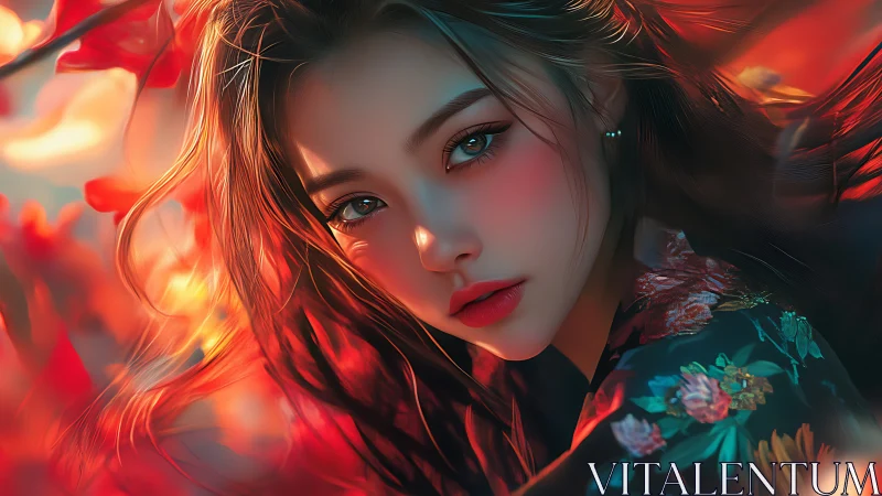 Cinematic portrait of woman in fiery bokeh light field.