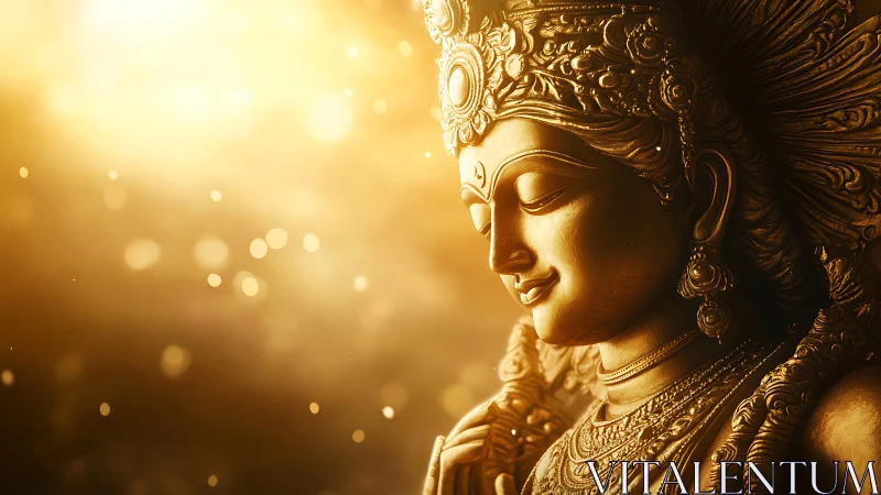 Golden Hindu goddess sculpture in radiant warm light.