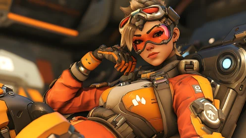 Confident sci fi hero lounges in vivid orange battle gear