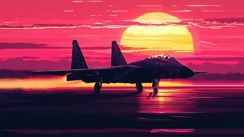 Sunset jet waits on a glowing runway for its next journey