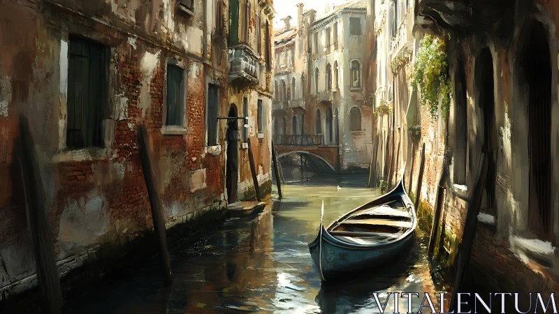 Digital painting of sunlit Venetian canal with moored gondola.