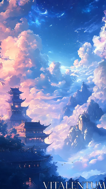 Layered pagoda complex set against dense illuminated clouds