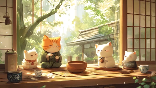 Serene Gathering: Lucky Cat Companions Bask in Golden Afternoon Light