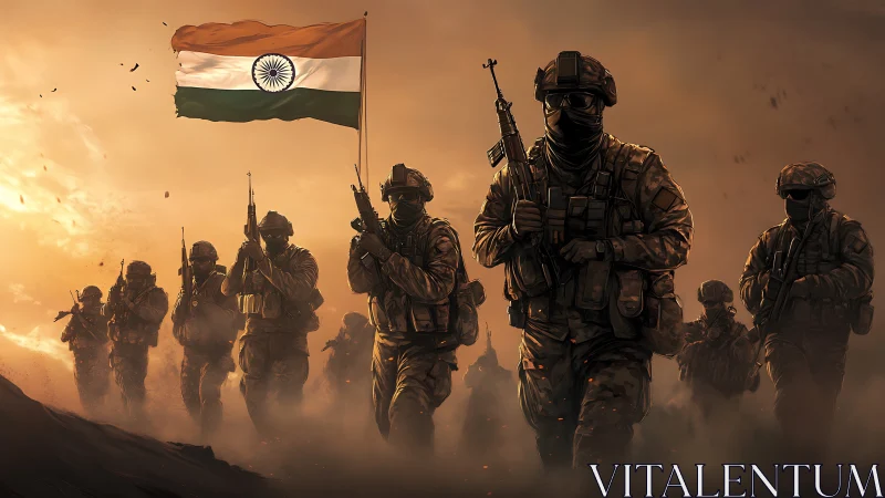 Indian infantry squad advancing through cinematic dusk haze.