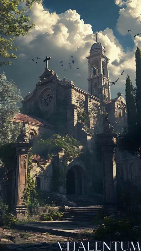 Sunlit overgrown stone basilica exhibits advanced volumetric light