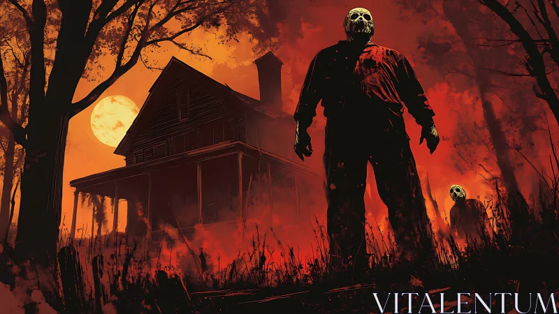 Mask-lit giants guard a burning nightmare farmhouse at dusk.