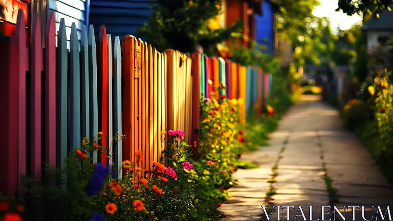 Sunlit alley of rainbow fences and bright summer blooms.