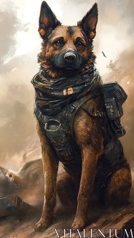 Armored shepherd dog in post‑apocalyptic wasteland portrait.