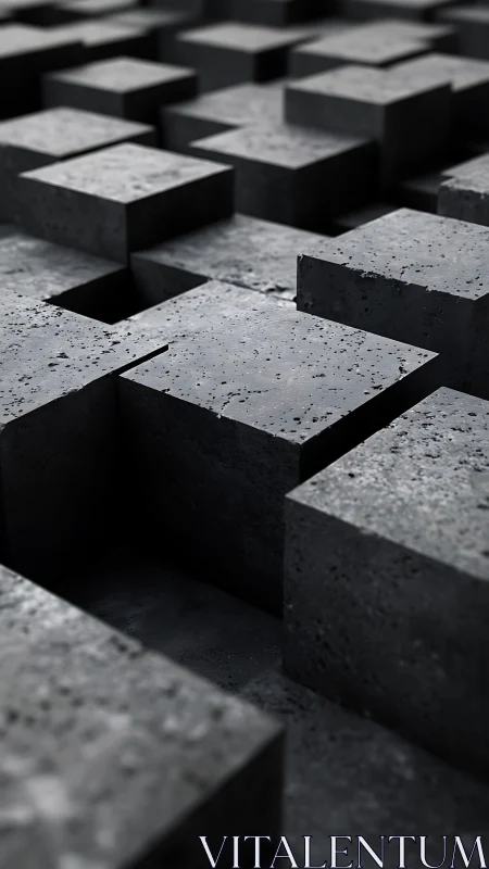 Dark concrete cubes forming geometric abstract field.