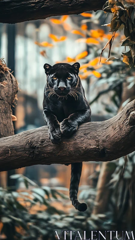 Black panther poised on branch under warm defocused bokeh