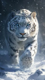 Glacial-eyed snow leopard strides through stormlit silence