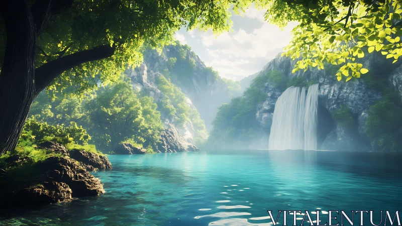 Lush waterfall cove with clear turquoise forest pool.