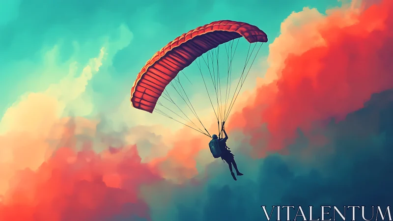 Sunset parachute drift through cotton candy skies.