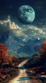 Enormous blue moon hovers above winding autumn mountain path.