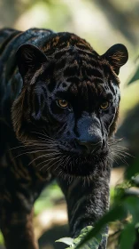 Photorealistic black tiger portrait in shallow forest focus.