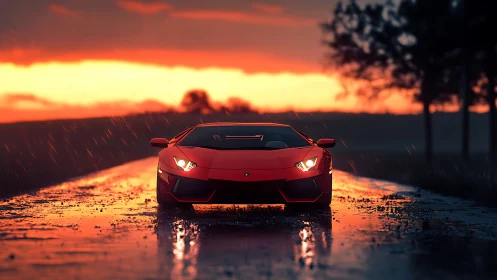 Red supercar on wet road under dramatic sunset rain.