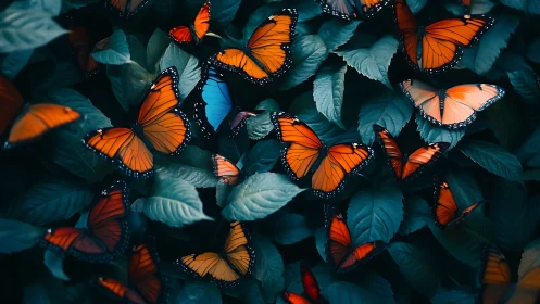 One blue rebel in a monarch storm over moonlit leaves.