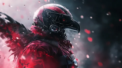 Raven-helmed futuristic warrior stands in swirling red storm