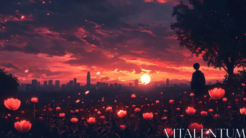 Boy watching neon sunset over luminous tulip field