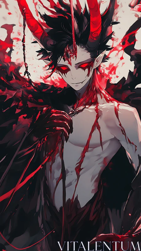 Demonic portrait reveals horned figure in high-contrast blood reds