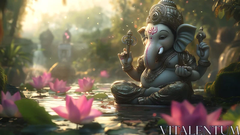 Ganesha idol meditates serenely amid glowing lotus pond.