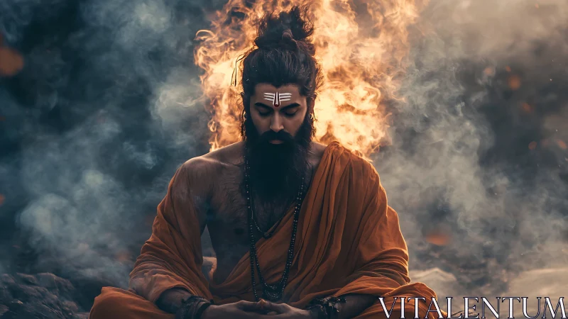 Mystic bearded yogi in orange robes amid swirling fire.