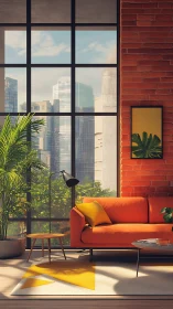 Modern loft living room overlooks bright contemporary cityscape
