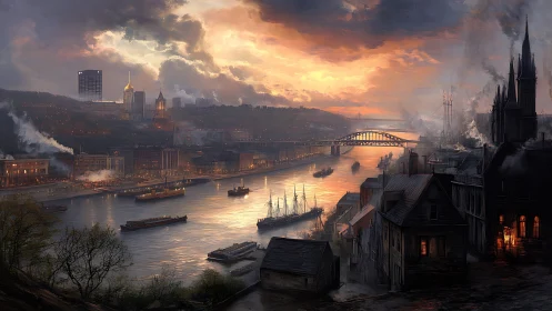 Industrial river city at sunset with smoking waterfront.