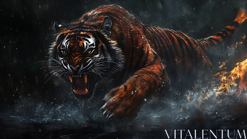 Dynamic low-angle tiger charge rendered with high-detail particle effects