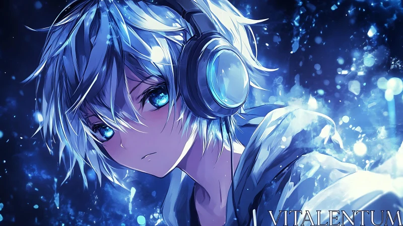 Blue-haired anime listener wears glowing headphones at night