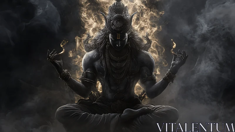 Ember-crowned deity meditating in swirling cosmic smoke.
