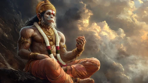 Divine monkey warrior meditates amid stormlit sacred clouds.