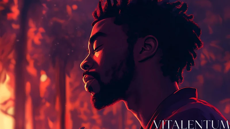 Profile portrait glows in deep sunset amber light.