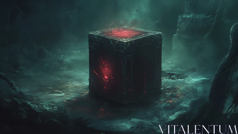 Large dark cube with red glowing core in misty ravine.